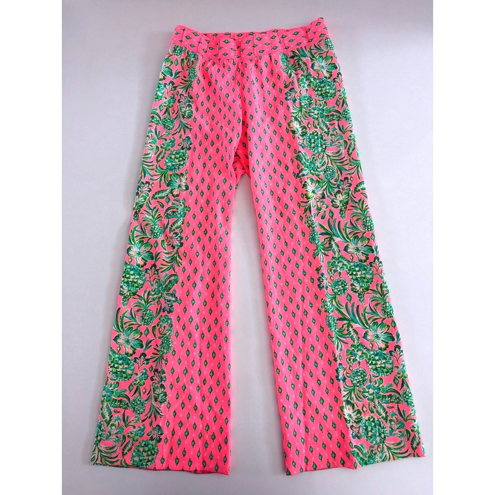 Lilly Pulitzer Bal Harbour Pink Green Tropical Wide Leg Pants Small Resort Wear